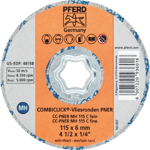 PFERD COMBICLICK NON-WOVEN DISC SILI CARB 115MM FINE PNER MED HARD